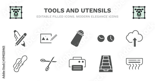 set of tools and utensils filled icons. tools and utensils glyph icons such as edit picture, pepper container, clocks, up arrow and cloud, rubber bands, rubber bands, open scissors, print button,