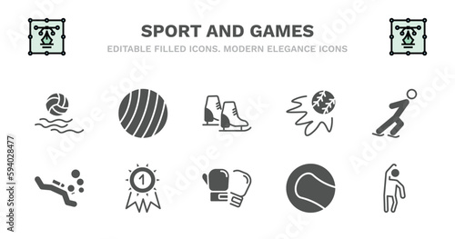 set of sport and games filled icons. sport and games glyph icons such as exercise ball, ice skates, home run, skating, scuba diving, scuba diving, golden medal, boxing glove, tennis sport ball, left