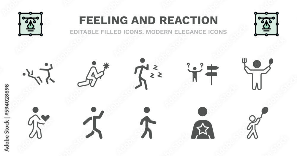 Obraz premium set of feeling and reaction filled icons. feeling and reaction glyph icons such as sorry human, pissed off human, lost human, hungry lovely lovely amused alive good hopeful vector.