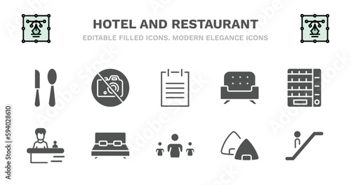 set of hotel and restaurant filled icons. hotel and restaurant glyph icons such as no pictures, agenda, lounge, vending hine, receptionist, receptionist, double bed, people, onigiri, or vector.