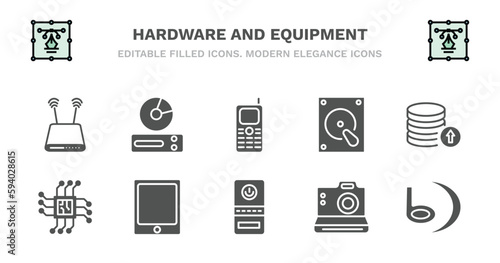 set of hardware and equipment filled icons. hardware and equipment glyph icons such as cd room, keypad phone, harddrive, recharge, big processor, big processor, big tablet, computer case, camera,