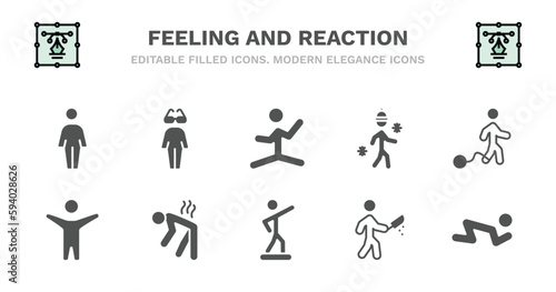 set of feeling and reaction filled icons. feeling and reaction glyph icons such as cool human, silly human, cold human, guilty excited excited exhausted blessed awful grateful vector.