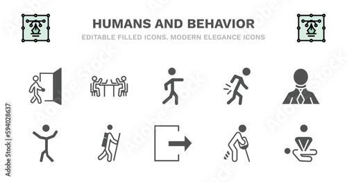 set of humans and behavior filled icons. humans and behavior glyph icons such as public work, man pointing, pain, businessman with tie, man dancing, man dancing, in hike, out, broken leg, cpr