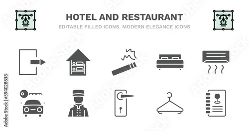 set of hotel and restaurant filled icons. hotel and restaurant glyph icons such as hostel, smoking, beds, air conditioner, rent a car, rent a car, bellboy, doorknob, hanger, wine menu vector.