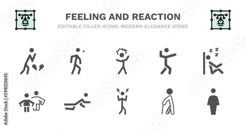set of feeling and reaction filled icons. feeling and reaction glyph icons such as anxious human, irritated human, amazing human, sleepy content content down aggravated hurt full vector.