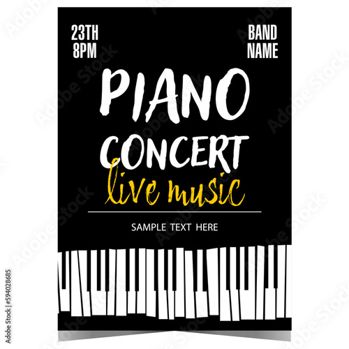 Live piano music concert promo poster, banner or invitation flyer with piano keys on background. Design template of vector illustration for piano music festival advertisement or announcement.