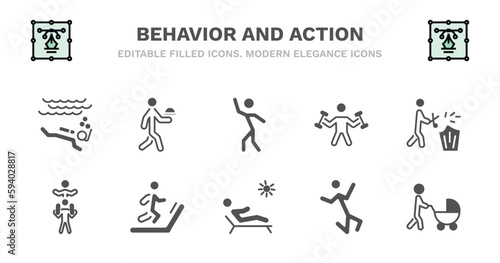 set of behavior and action filled icons. behavior and action glyph icons such as waiter with food tray, stick man dancing, man fitness, prune hedge, piggyback a kid, piggyback a kid, man on