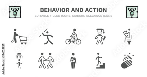 set of behavior and action filled icons. behavior and action glyph icons such as man throwing javelin, man riding bicylce, stick man graduated, at restroom, showering, showering, two men meeting,
