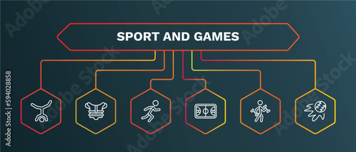 set of sport and games white thin line icons. sport and games outline icons with infographic template. linear icons such as chest guard, man sprinting, basketball court, excercise, home run vector.