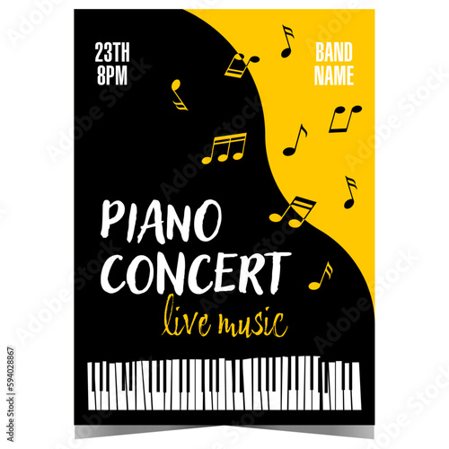 Live piano music concert or festival promotion banner or poster with black grand piano and musical notes on yellow background. Vector illustration of invitation leaflet or flyer for piano concert.