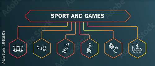 set of sport and games white thin line icons. sport and games outline icons with infographic template. linear icons such as snow slide zone, stretching, man punching, tennis game, roller skate