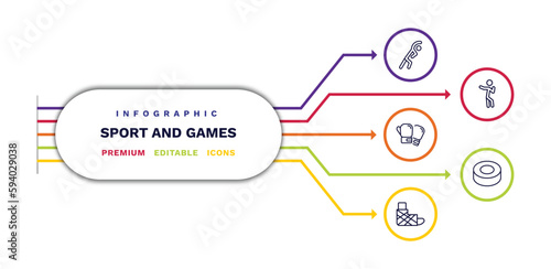 set of sport and games thin line icons. sport and games outline icons with infographic template. linear icons such as stretching, boxing glove, sprained ankle, dancing motion, hockey puck vector.