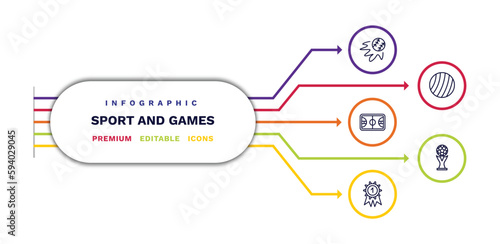 set of sport and games thin line icons. sport and games outline icons with infographic template. linear icons such as home run, basketball court, golden medal, exercise ball, world cup vector.