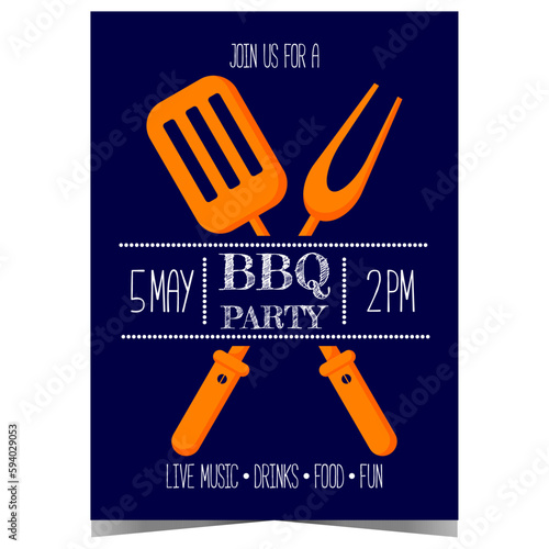 BBQ party invitation poster or banner with fork and turner spatula for grilling. Barbecue event promotion for summer weekend outdoor picnic, meat cooking, steak grilling and sausage roasting.