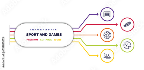 set of sport and games thin line icons. sport and games outline icons with infographic template. linear icons such as hockey goal, football ball, ice skates, champion belt, basketball basket vector.