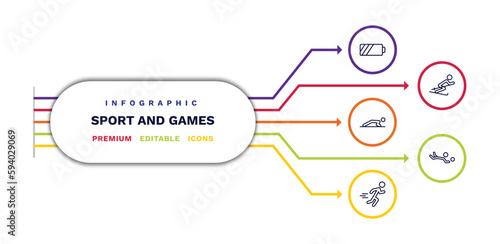 set of sport and games thin line icons. sport and games outline icons with infographic template. linear icons such as batter, man doing pushups, excersice, slalom, volleyball motion vector.