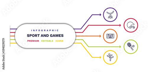 set of sport and games thin line icons. sport and games outline icons with infographic template. linear icons such as capoeira, hockey arena, taekwondo, baseball helmet, tennis game vector.