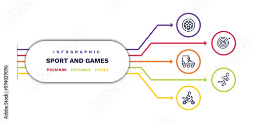 set of sport and games thin line icons. sport and games outline icons with infographic template. linear icons such as football ball circular, roller skate, motorbike riding, bullseye, wushu vector.