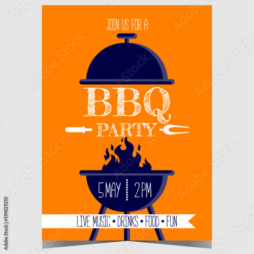 BBQ party poster or banner design template with grill and flame ready to roast a beef or pork steak, chicken and sausage. Vector illustration for barbecue family weekend promotion. Ready to print.