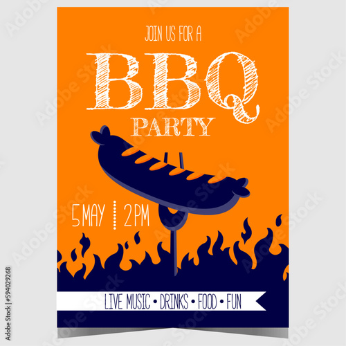 BBQ party or barbecue event invitation poster with a sausage on a fork over the flame of a grill. Vector illustration for outdoor picnic and meat cooking with family and friends during the weekend. 