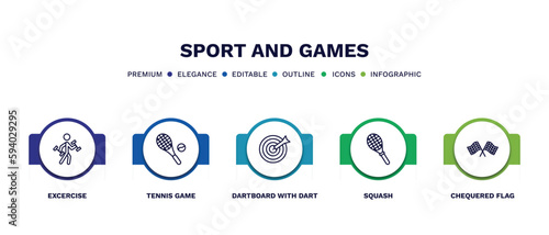 set of sport and games thin line icons. sport and games outline icons with infographic template. linear icons such as excercise, tennis game, dartboard with dart, squash, chequered flag vector.