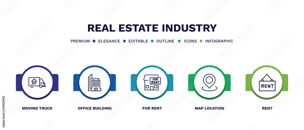 set of real estate industry thin line icons. real estate industry outline icons with infographic template. linear icons such as moving truck, office building, for rent, map location, rent vector. set of real estate industry thin line icons. real estate industry outline icons with infographic template. linear icons such as moving truck, office building, for rent, map location, rent vector.