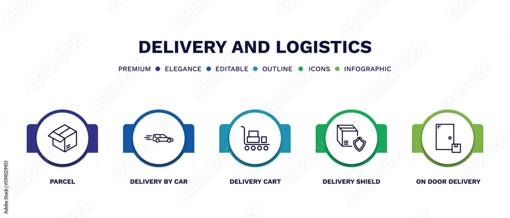 set of delivery and logistics thin line icons. delivery and logistics outline icons with infographic template. linear icons such as parcel, delivery by car, cart, shield, on door vector.