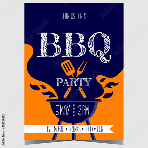 Barbecue party invitation poster with grill filled with flame and charcoal smoke, fork and turner spatula ready to grill, fry and roast the beef or pork steak during the bbq weekend outdoor picnic.