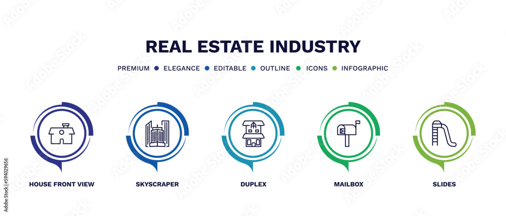 set of real estate industry thin line icons. real estate industry outline icons with infographic template. linear icons such as house front view, skyscraper, duplex, mailbox, slides vector. set of real estate industry thin line icons. real estate industry outline icons with infographic template. linear icons such as house front view, skyscraper, duplex, mailbox, slides vector.
