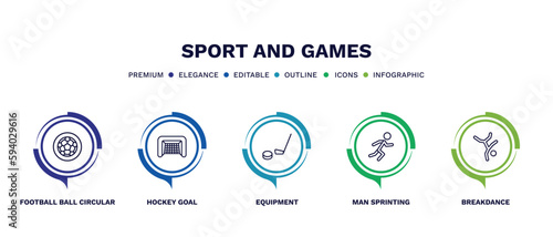set of sport and games thin line icons. sport and games outline icons with infographic template. linear icons such as football ball circular, hockey goal, equipment, man sprinting, breakdance