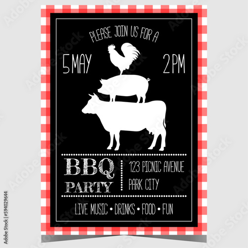 BBQ party invitation poster for outdoor picnic and barbecue weekend to cook meat, beef or pork steak, chicken and sausage on a grill or brazier with friends and family during the sunny summer days.