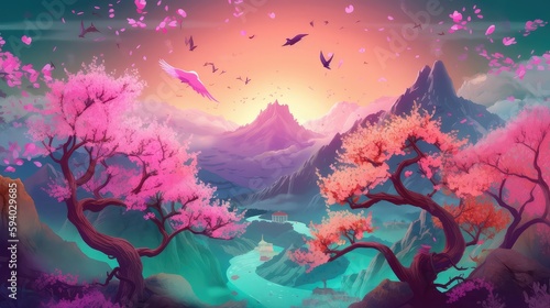 3D neon world, spring, a beautiful neon world with lots of colorful flowers and mountains, magical neon world children playing, neon spring flowers and forest © AIPERA