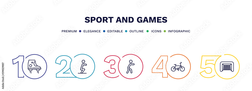 set of sport and games thin line icons. sport and games outline icons with infographic template. linear icons such as flying shoes, squat, man punching, race bike, hockey goal vector. set of sport and games thin line icons. sport and games outline icons with infographic template. linear icons such as flying shoes, squat, man punching, race bike, hockey goal vector.