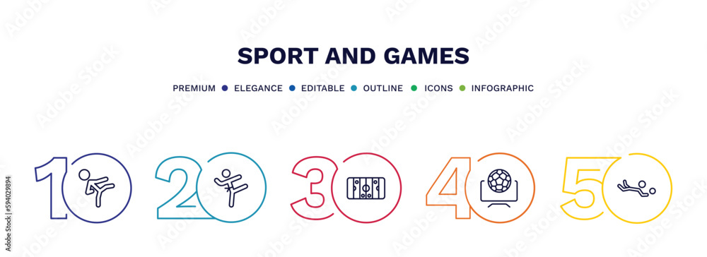 set of sport and games thin line icons. sport and games outline icons with infographic template. linear icons such as karate fighter, taekwondo, hockey arena, football channel, volleyball motion set of sport and games thin line icons. sport and games outline icons with infographic template. linear icons such as karate fighter, taekwondo, hockey arena, football channel, volleyball motion