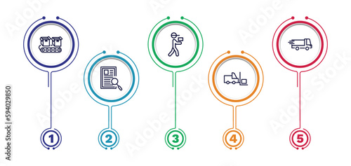 set of delivery and logistics thin line icons. delivery and logistics outline icons with infographic template. linear icons such as conveyor, courier, shipping, waybill, forklift vector.