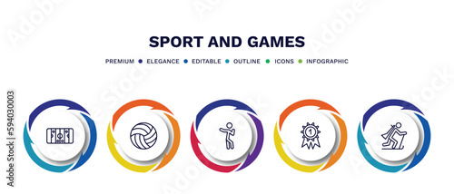 set of sport and games thin line icons. sport and games outline icons with infographic template. linear icons such as hockey arena, volleyball ball, dancing motion, golden medal, biathlon vector.