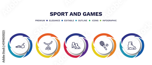 set of sport and games thin line icons. sport and games outline icons with infographic template. linear icons such as drift car, capoeira, ice skates, tennis game, ice skating vector.
