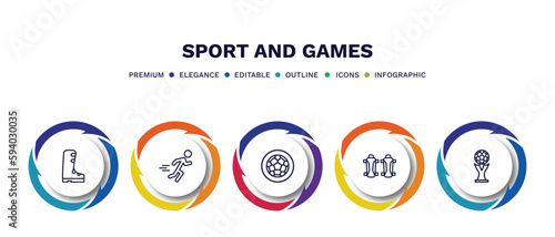 set of sport and games thin line icons. sport and games outline icons with infographic template. linear icons such as ski boots, excersice, football ball circular, shin guards, world cup vector.
