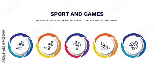 set of sport and games thin line icons. sport and games outline icons with infographic template. linear icons such as man sprinting, ice skating man, taekwondo, sprained ankle, home run vector.