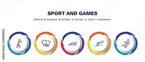 set of sport and games thin line icons. sport and games outline icons with infographic template. linear icons such as man punching, boxing glove, man doing pushups, jumping ski, wushu vector.