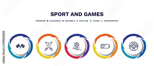 set of sport and games thin line icons. sport and games outline icons with infographic template. linear icons such as chequered flag, saber, waterpolo, batter, soccer football ball vector.