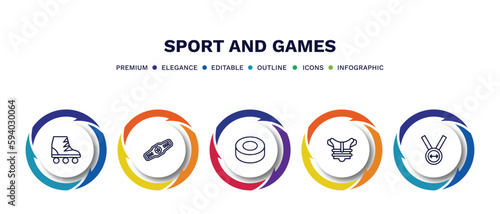 set of sport and games thin line icons. sport and games outline icons with infographic template. linear icons such as roller skate, champion belt, hockey puck, chest guard, weight lifting medal