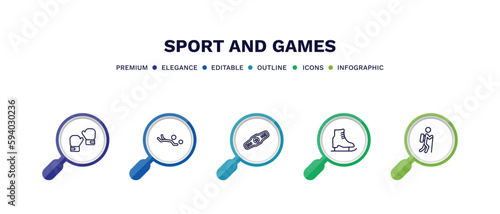 set of sport and games thin line icons. sport and games outline icons with infographic template. linear icons such as two boxing gloves, volleyball motion, champion belt, ice skating, trekking