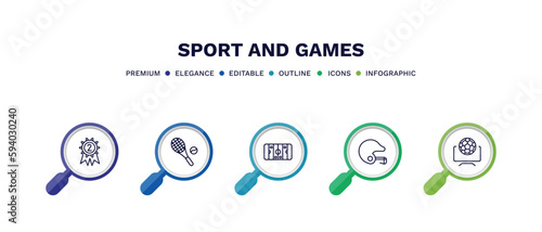 set of sport and games thin line icons. sport and games outline icons with infographic template. linear icons such as second prize, tennis game, hockey arena, baseball helmet, football channel