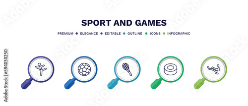 set of sport and games thin line icons. sport and games outline icons with infographic template. linear icons such as taekwondo, football ball, squash, hockey puck, scuba diving vector.