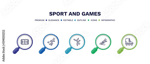 set of sport and games thin line icons. sport and games outline icons with infographic template. linear icons such as basketball court, excersice, breakdance, slalom, roller skate vector.