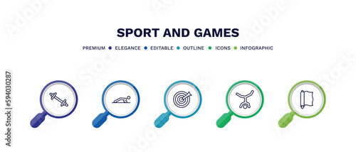 set of sport and games thin line icons. sport and games outline icons with infographic template. linear icons such as weighted bars, man doing pushups, dartboard with dart, capoeira, foil vector.