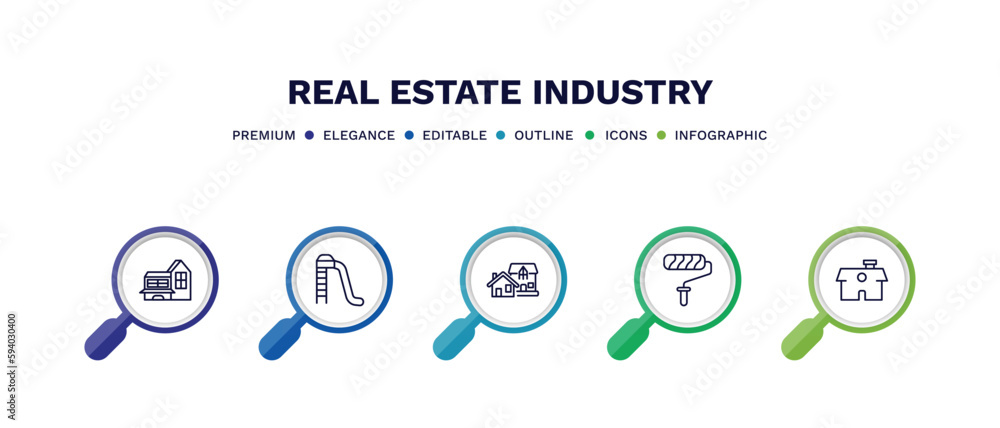 set of real estate industry thin line icons. real estate industry outline icons with infographic template. linear icons such as modern house, slides, houses, paint roll, house front view vector. set of real estate industry thin line icons. real estate industry outline icons with infographic template. linear icons such as modern house, slides, houses, paint roll, house front view vector.