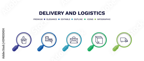 set of delivery and logistics thin line icons. delivery and logistics outline icons with infographic template. linear icons such as unpacking, delivery x ray, zip code, packages, transportation