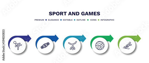 set of sport and games thin line icons. sport and games outline icons with infographic template. linear icons such as karate fighter, champion belt, capoeira, volleyball ball, slalom vector.